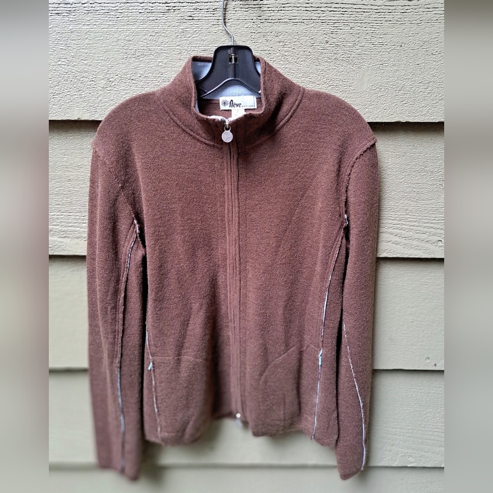 NEVE DESIGN Brown 100% Wool Zip Front Sweater Jacket - Large